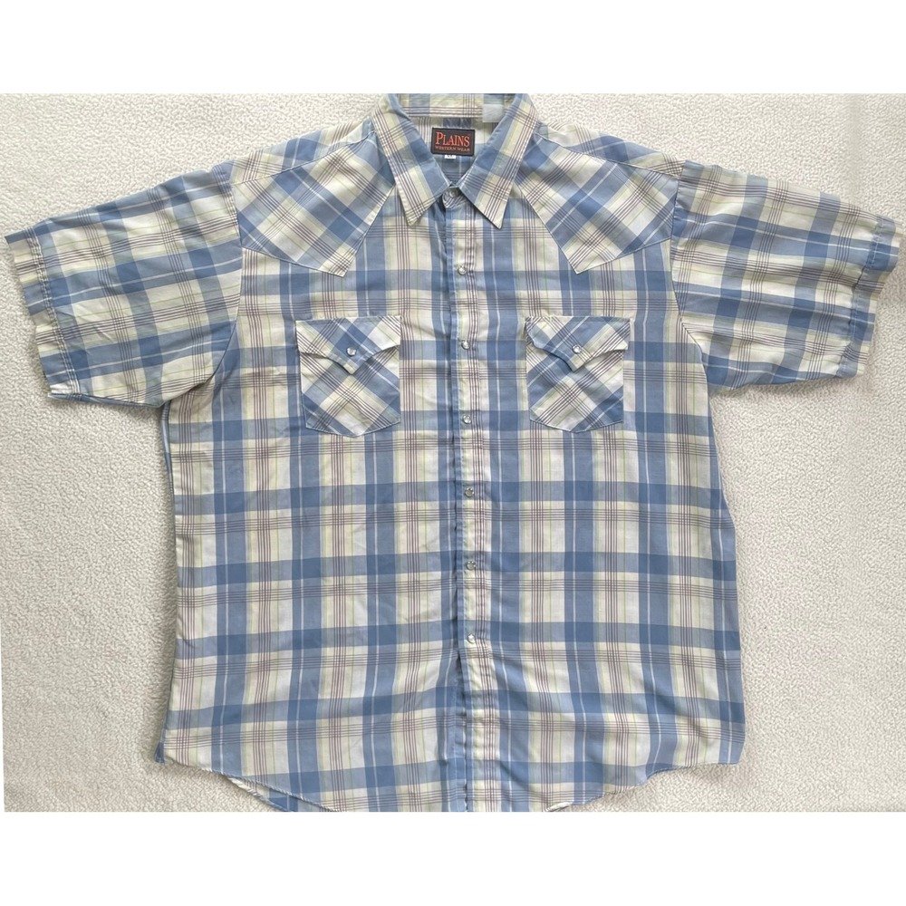 Plains Mens Extra Large Short Sleeve Western Shirt Blue Plaid Pearl Snap Vintage